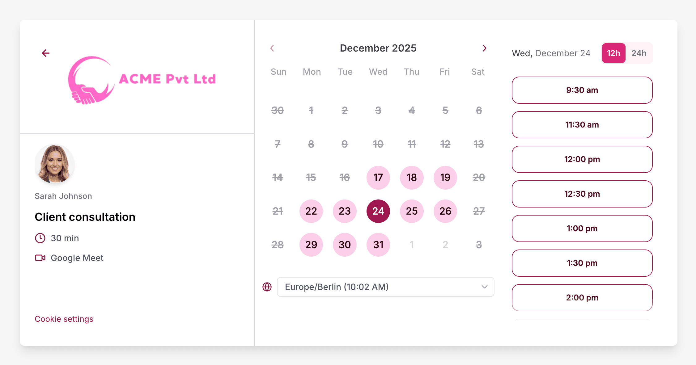 Sarah's PickMyTime Booking Page