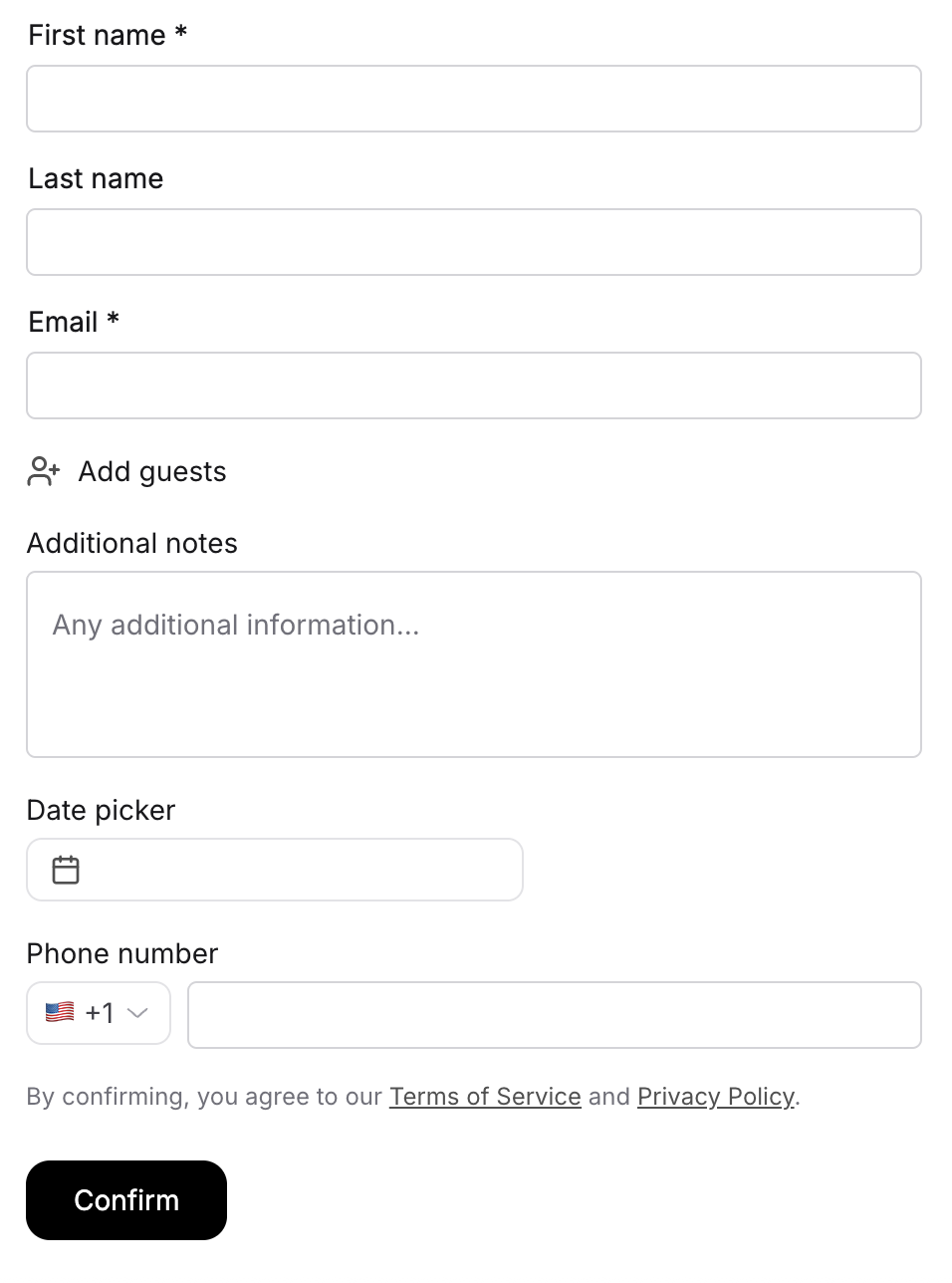 Booking form fields